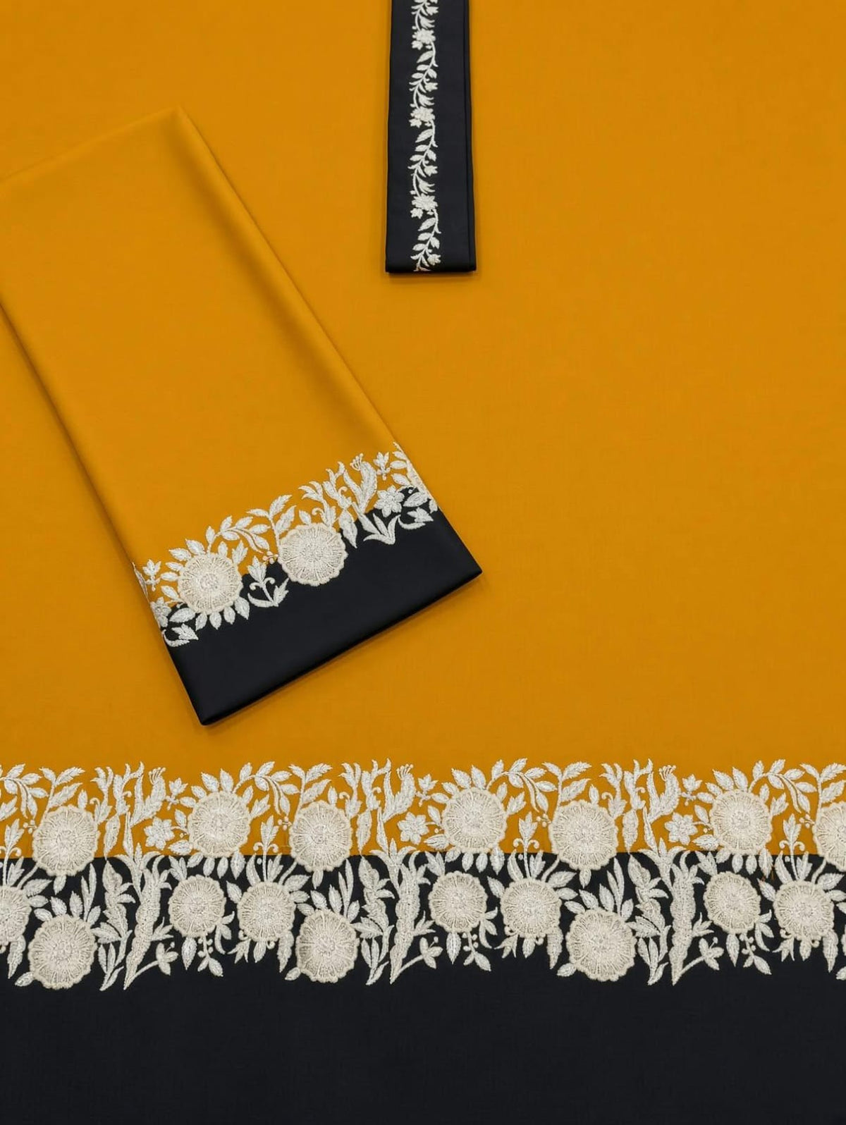 Floral and Motif Dhanak - 2-Piece Unstitched Collection; Mustard and Cream Border, actual fabric and design detail.
