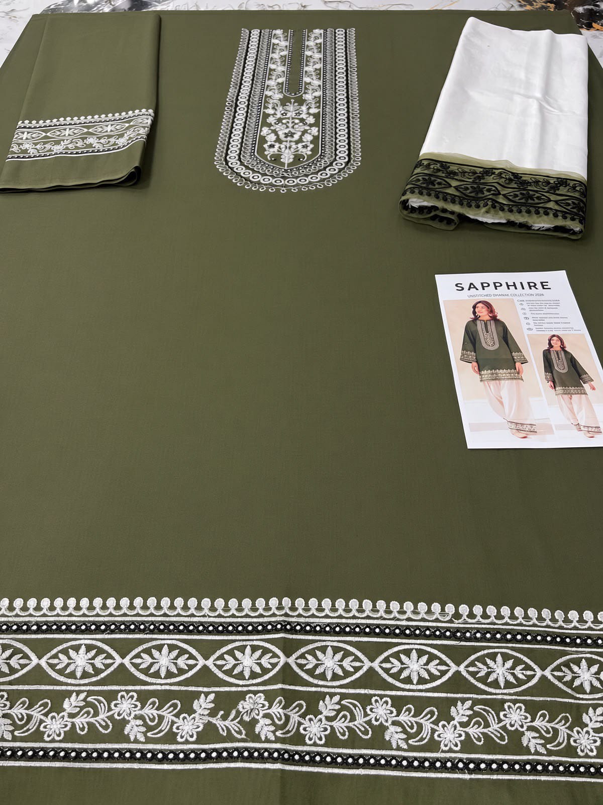 Floral and Motif Dhanak - 2-Piece Unstitched Collection; Olive and Cream Border, actual fabric and design detail.