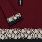 Floral and Motif Dhanak - 2-Piece Unstitched Collection; Burgundy and Cream Border, actual fabric and design detail.