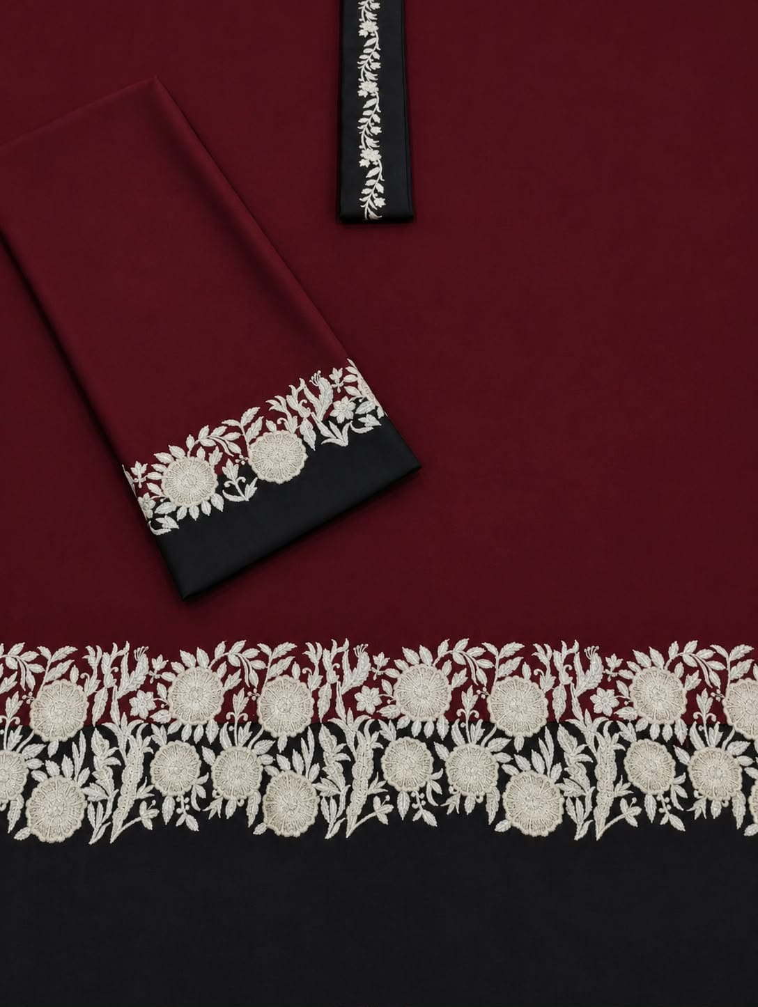 Floral and Motif Dhanak - 2-Piece Unstitched Collection; Burgundy and Cream Border, actual fabric and design detail.