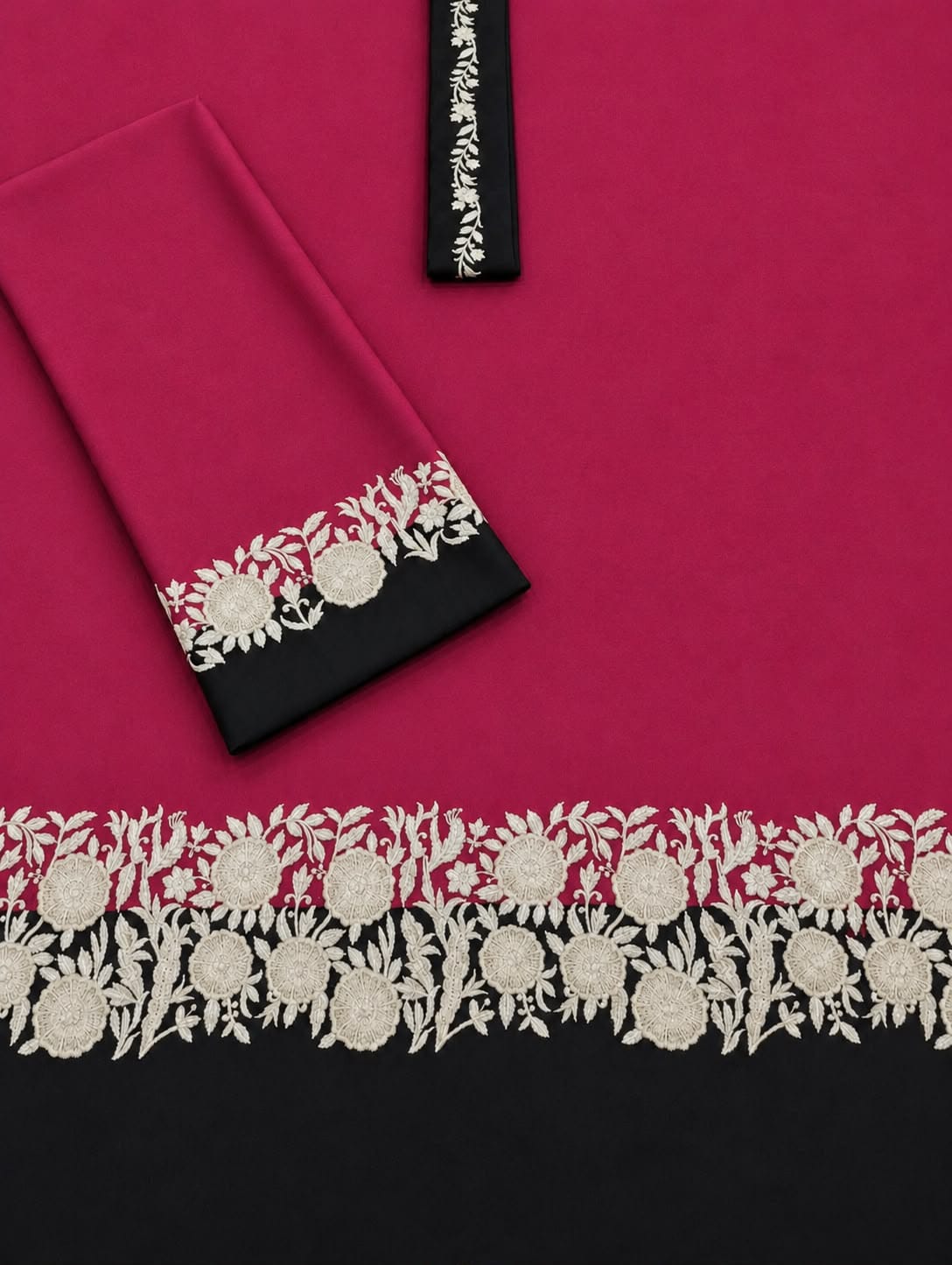 Floral and Motif Dhanak - 2-Piece Unstitched Collection; Fuchsia and Cream Border, actual fabric and design detail.