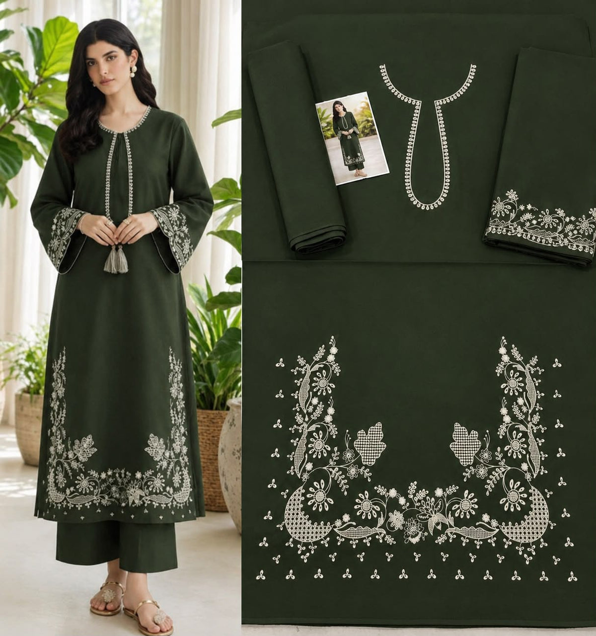 Floral and Motif Dhanak - 2-Piece Unstitched Collection; Olive Scroll Hem, original model view.