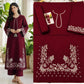 Floral and Motif Dhanak - 2-Piece Unstitched Collection; Burgundy Scroll Hem, original model view.