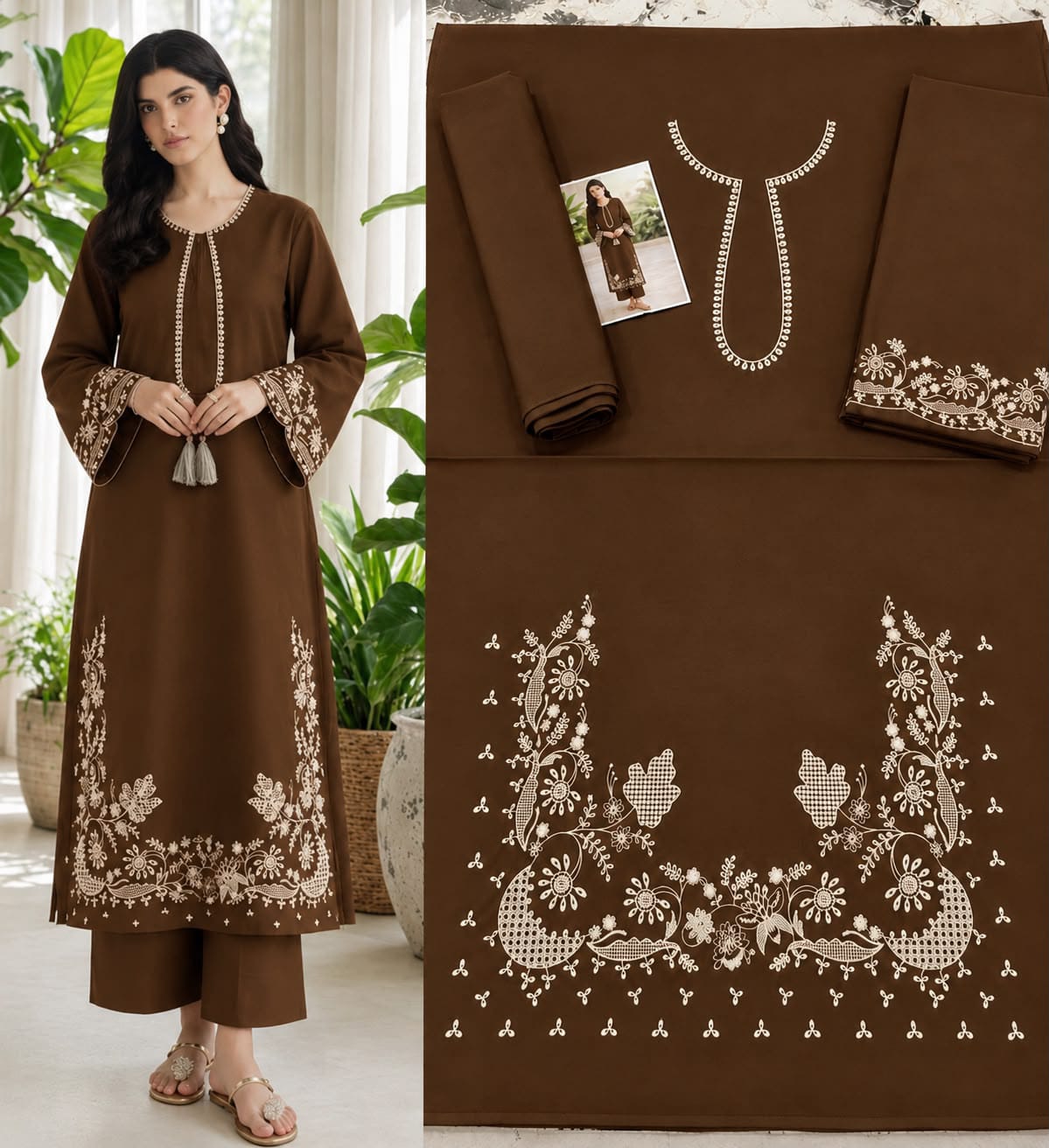 Floral and Motif Dhanak - 2-Piece Unstitched Collection; Brown Scroll Hem, original model view.