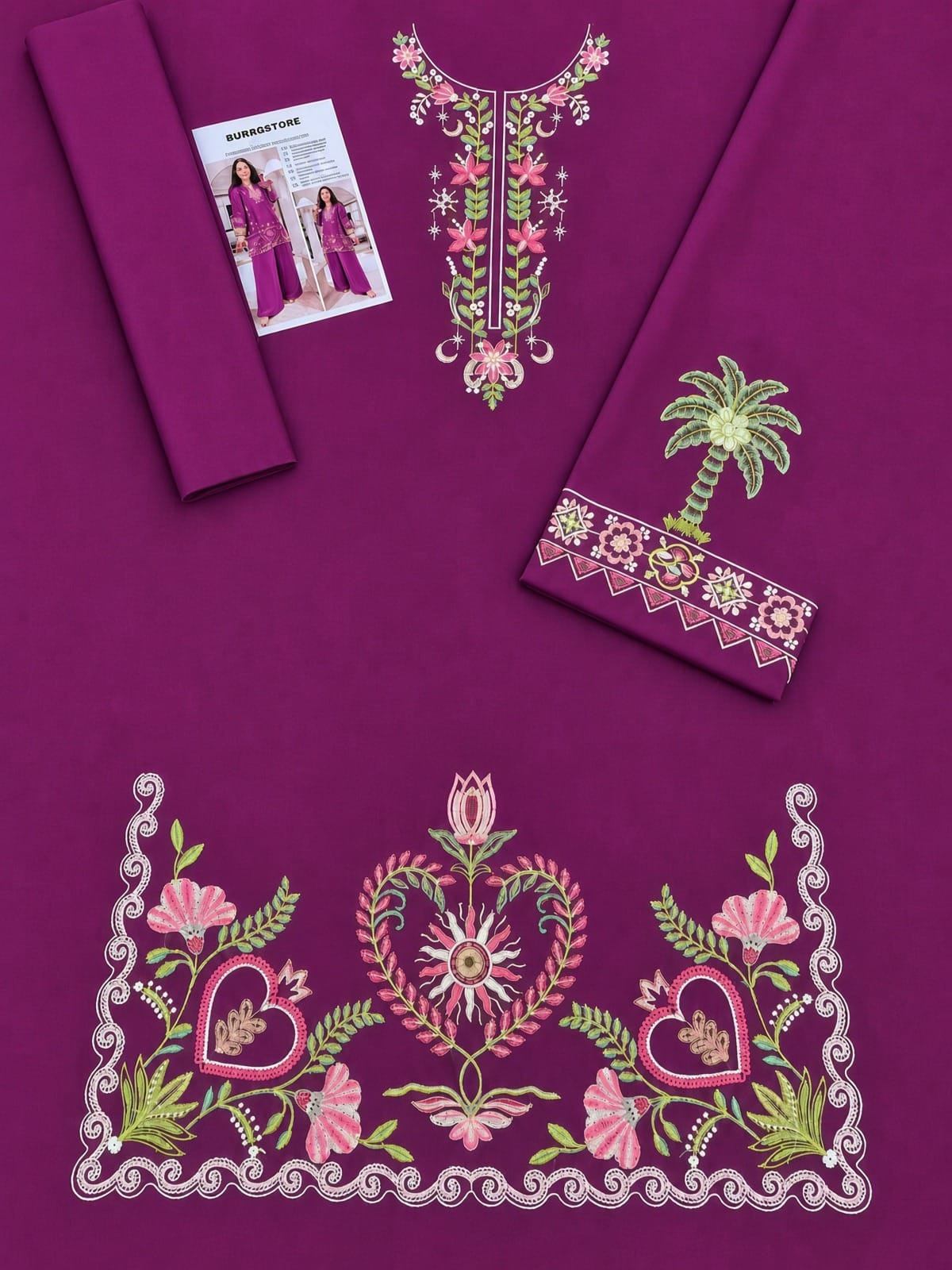 Floral and Motif Dhanak - 2-Piece Unstitched Collection; Purple Ornate Floral, actual fabric and design detail.