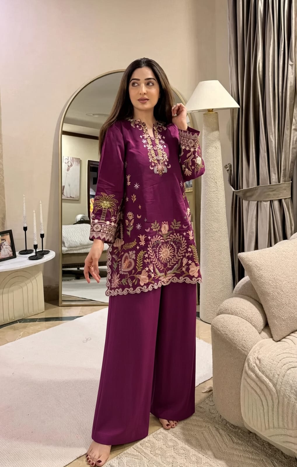 Floral and Motif Dhanak - 2-Piece Unstitched Collection; Plum Border Bloom, original model view.