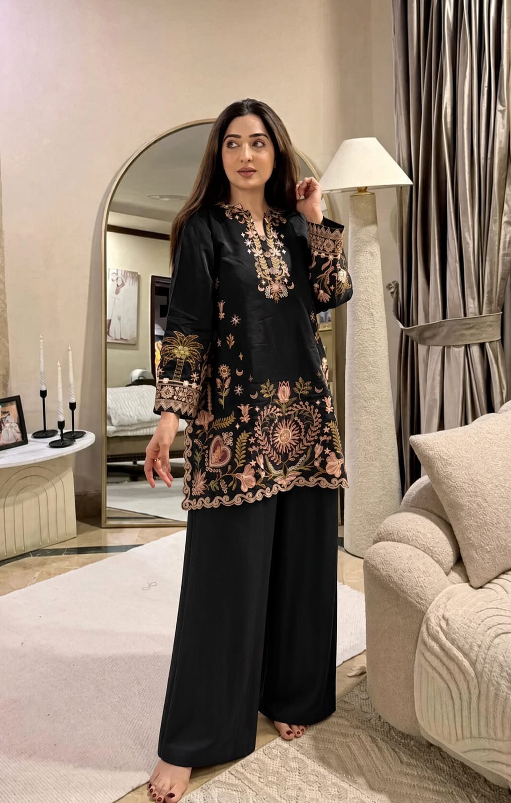 Floral and Motif Dhanak - 2-Piece Unstitched Collection; Black Border Bloom, original model view.