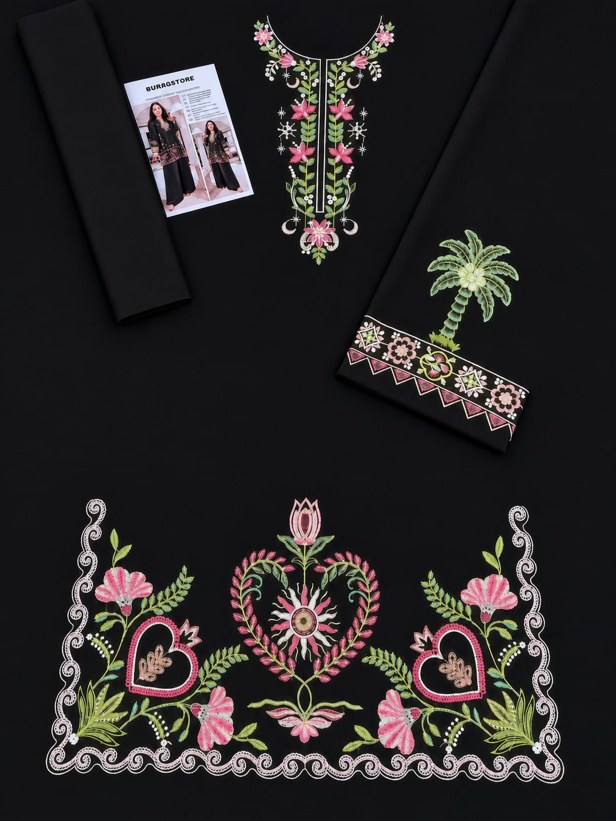 Floral and Motif Dhanak - 2-Piece Unstitched Collection; Black Border Bloom, actual fabric and design detail.