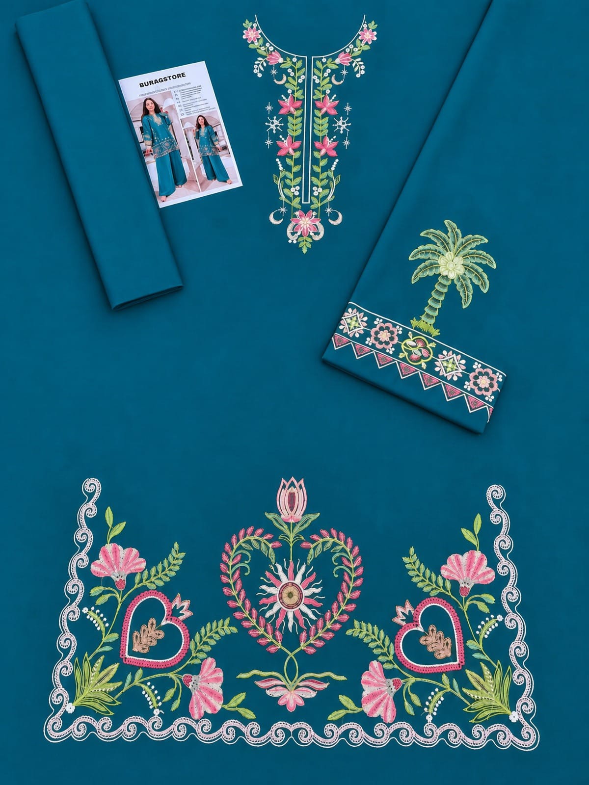 Floral and Motif Dhanak - 2-Piece Unstitched Collection; Teal Border Bloom, actual fabric and design detail.