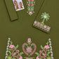 Floral and Motif Dhanak - 2-Piece Unstitched Collection; Olive Border Bloom, actual fabric and design detail.