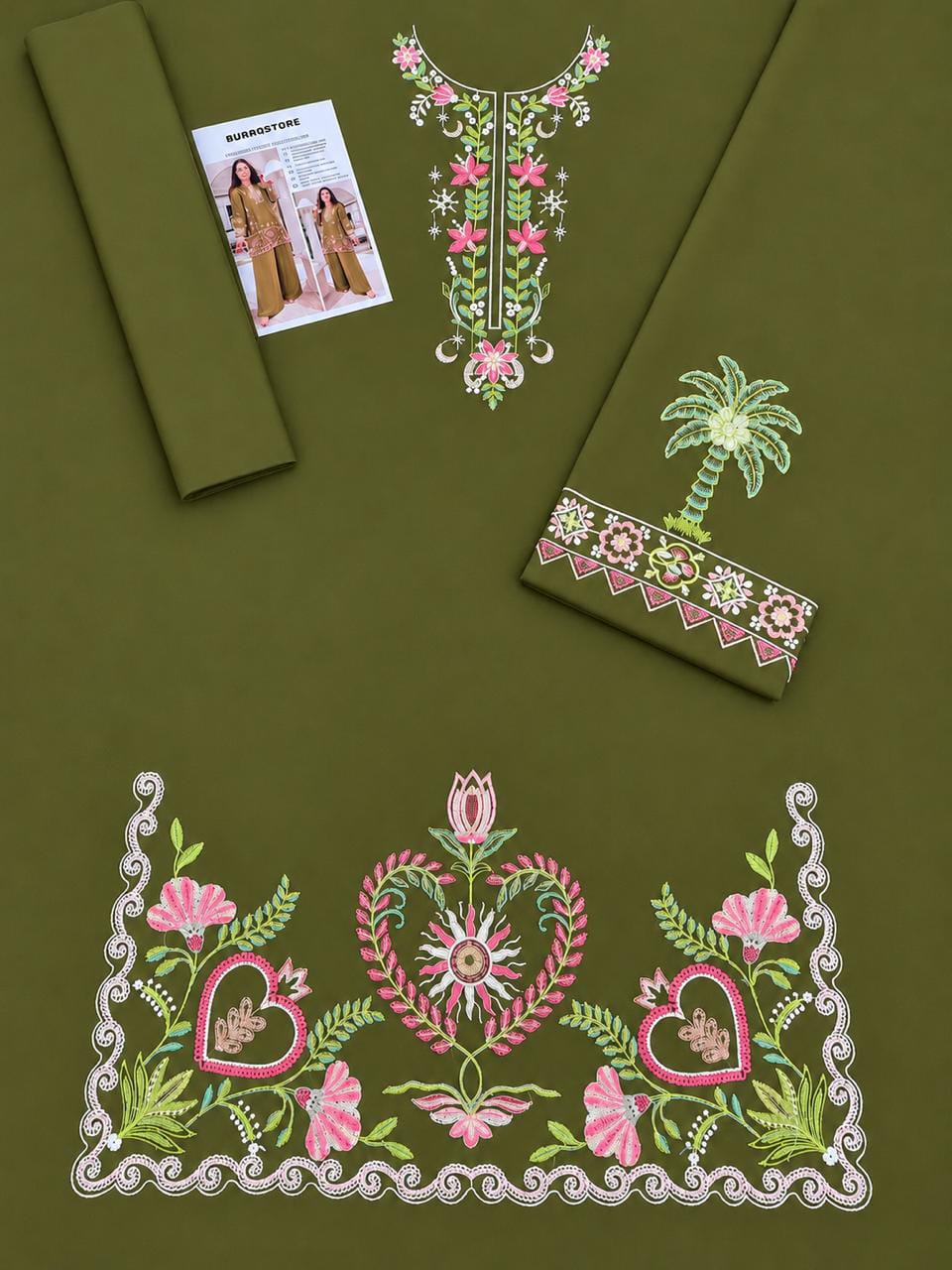 Floral and Motif Dhanak - 2-Piece Unstitched Collection; Olive Border Bloom, actual fabric and design detail.