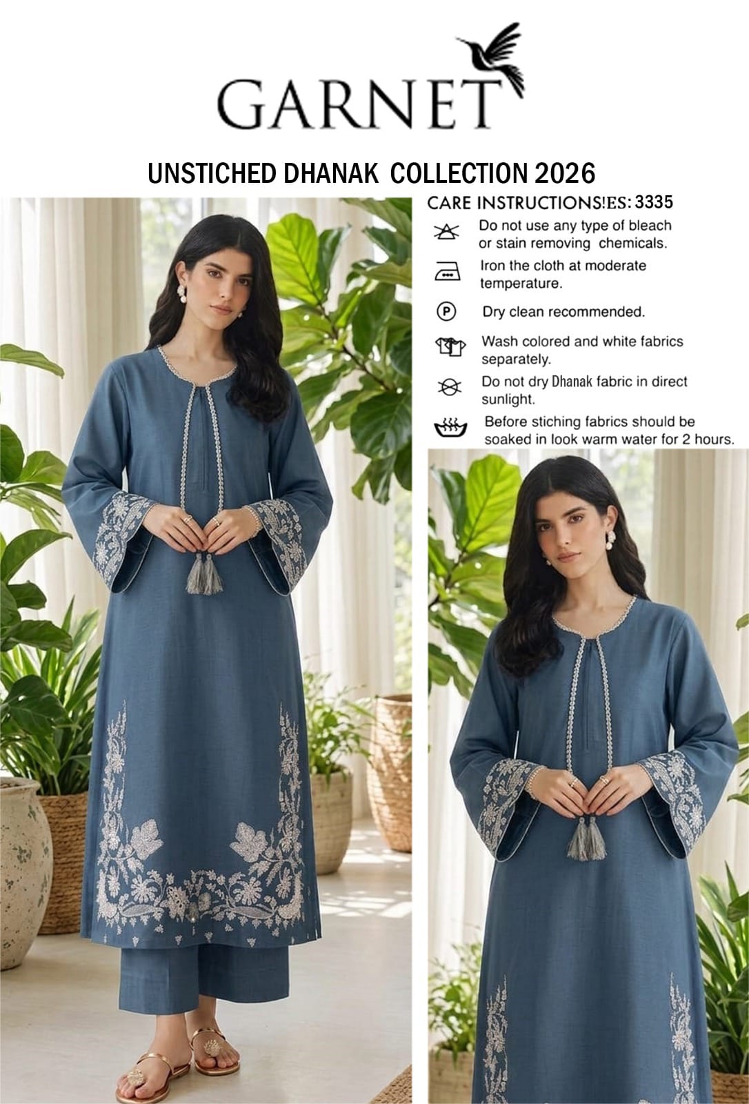 Floral and Motif Dhanak - 2-Piece Unstitched Collection; Navy Scroll Hem, original model view.