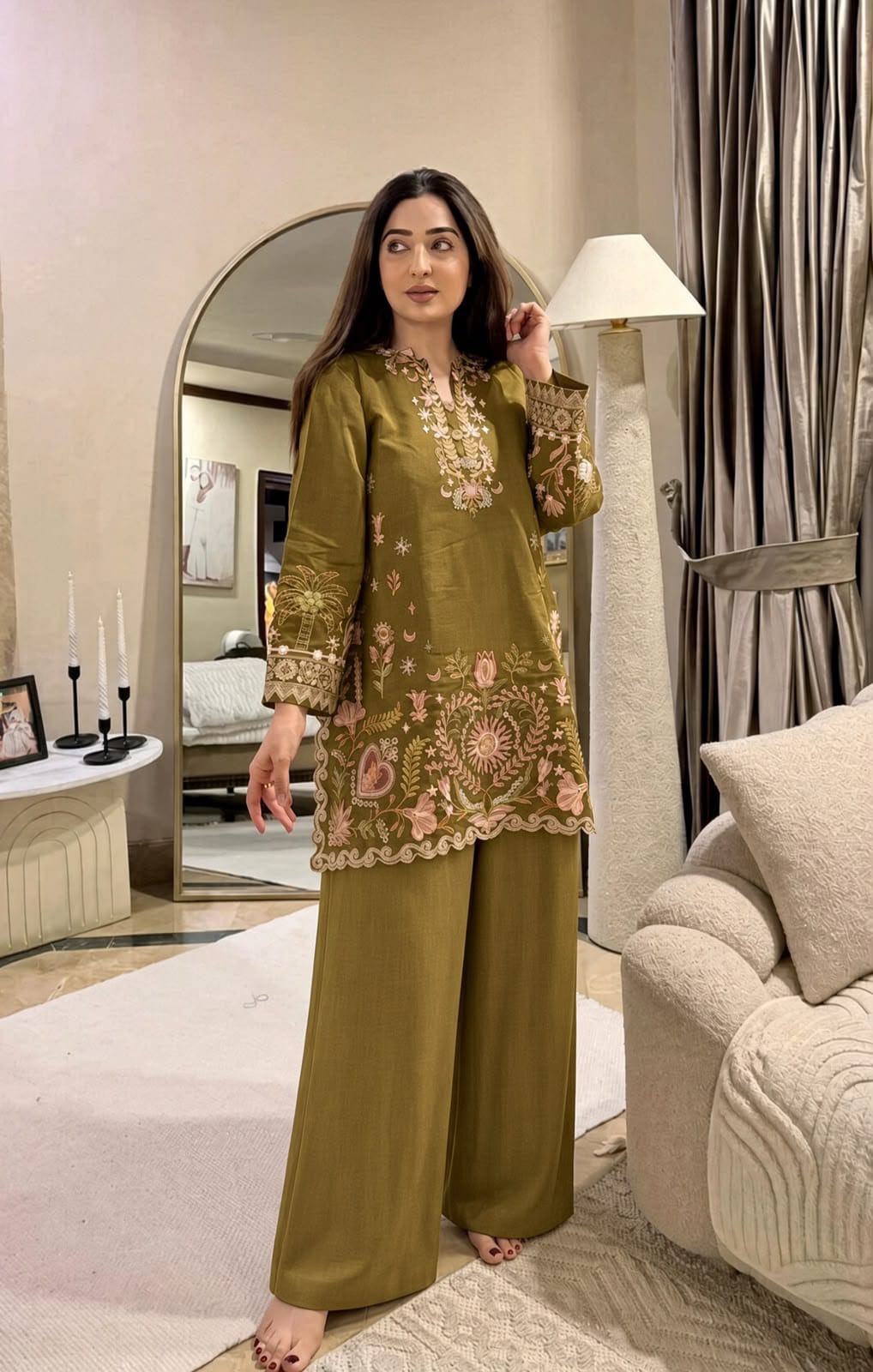 Floral and Motif Dhanak - 2-Piece Unstitched Collection; Olive Border Bloom, original model view.