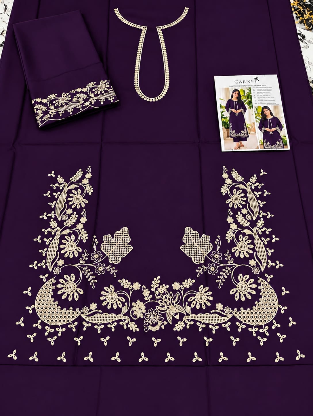 Floral and Motif Dhanak - 2-Piece Unstitched Collection; Purple Scroll Hem, actual fabric and design detail.