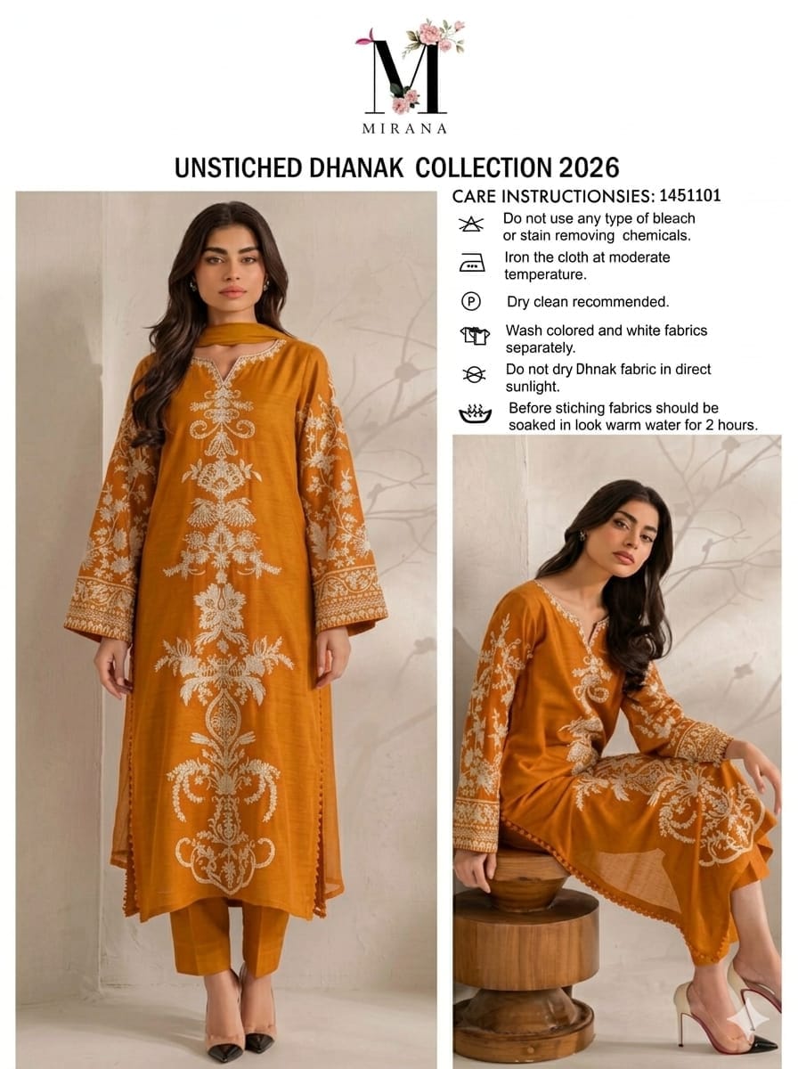 Floral and Motif Dhanak - 2-Piece Unstitched Collection; Mustard Medallion, original model view.