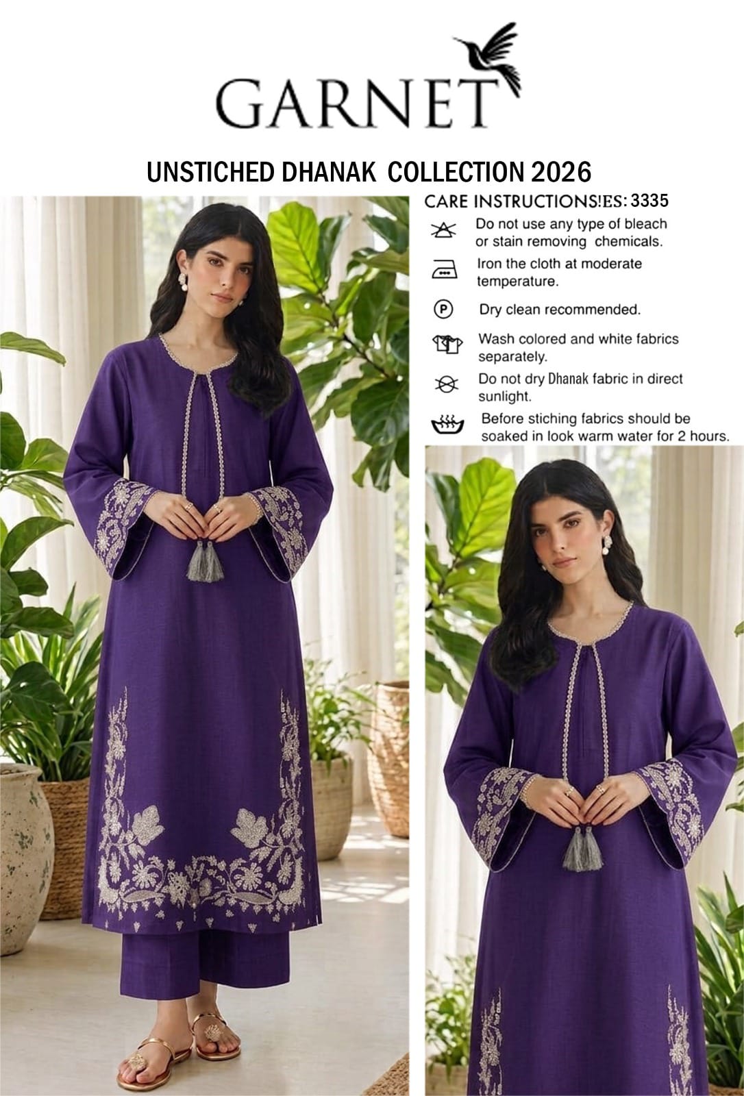 Floral and Motif Dhanak - 2-Piece Unstitched Collection; Purple Scroll Hem, original model view.