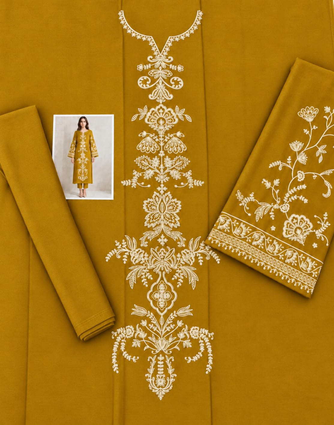 Floral and Motif Dhanak - 2-Piece Unstitched Collection; Mustard Medallion, actual fabric and design detail.