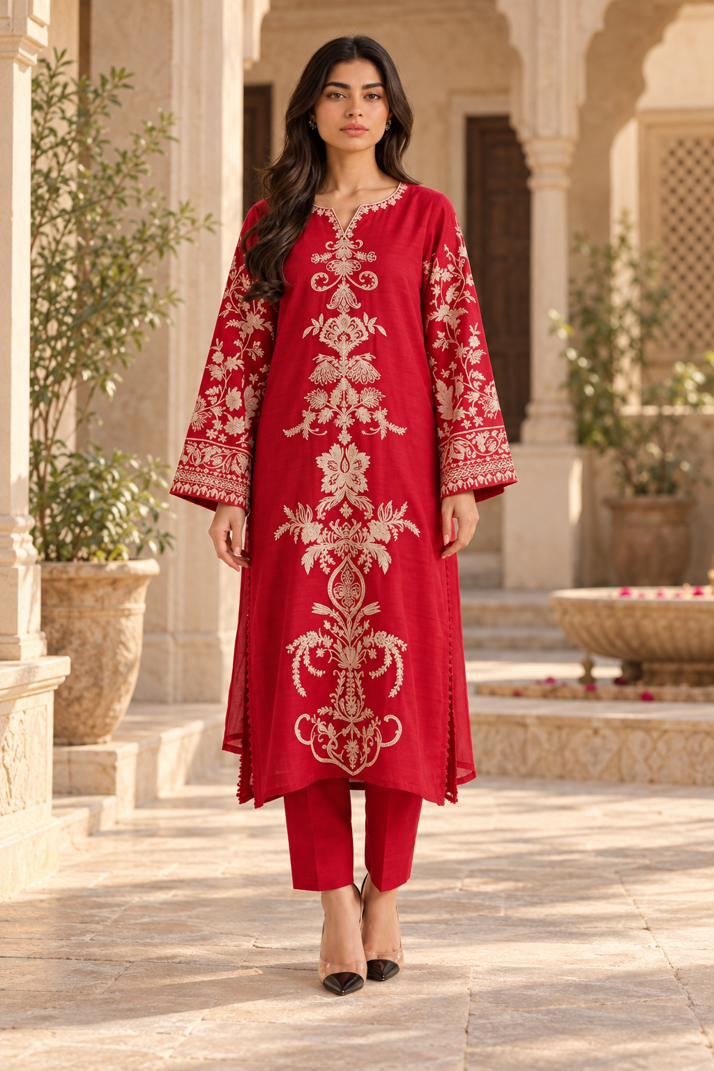 Embroidered Dhanak Two-Piece Edit; Crimson Medallion, front model styling view. Supplied unstitched.