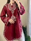 Sequin Embroidered Silk - 2-Piece Unstitched Suit; Burgundy and Ivory, original model view.