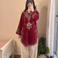 Sequin Embroidered Silk - 2-Piece Unstitched Suit; Burgundy and Ivory, original model view.