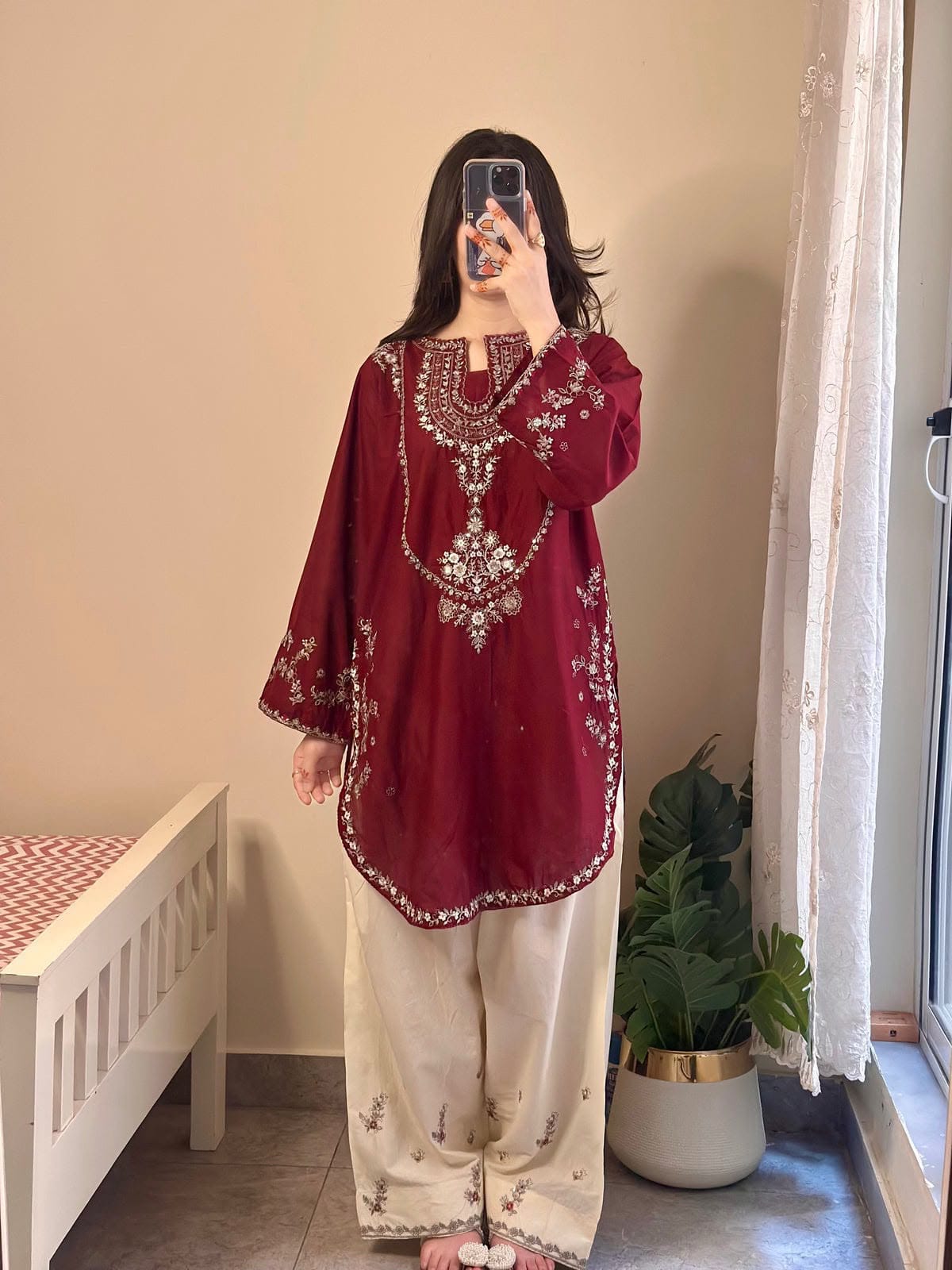 Sequin Embroidered Silk - 2-Piece Unstitched Suit; Burgundy and Ivory, original model view.
