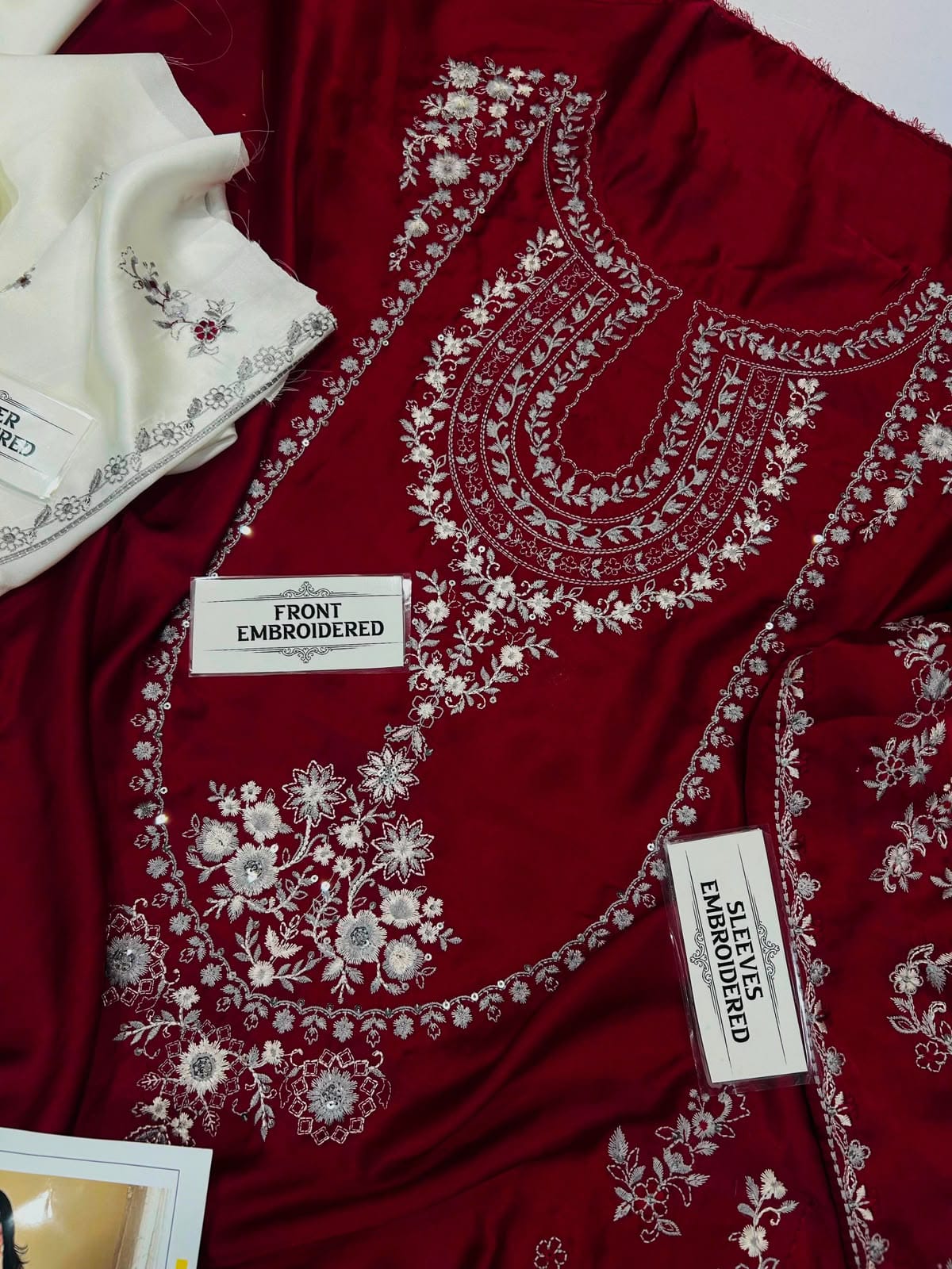 Sequin Embroidered Silk - 2-Piece Unstitched Suit; Burgundy and Ivory, actual fabric and design detail.