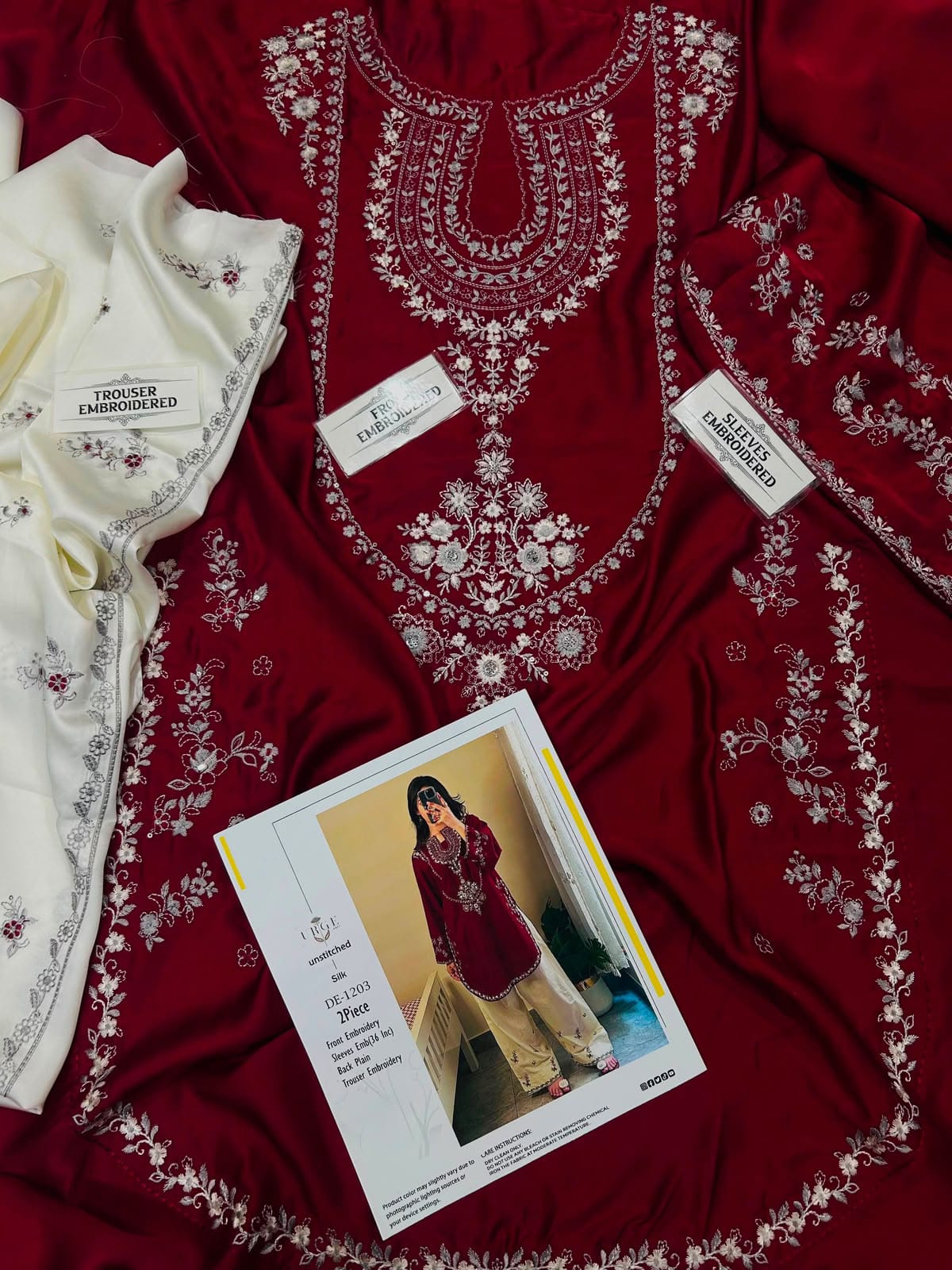 Sequin Embroidered Silk - 2-Piece Unstitched Suit; Burgundy and Ivory, actual fabric and design detail.