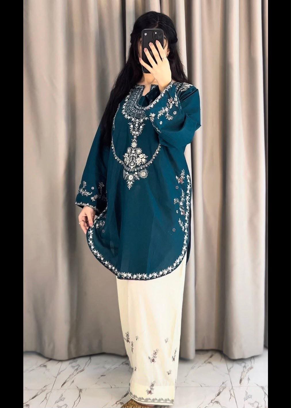 Sequin Embroidered Silk - 2-Piece Unstitched Suit; Teal and Ivory, original model view.