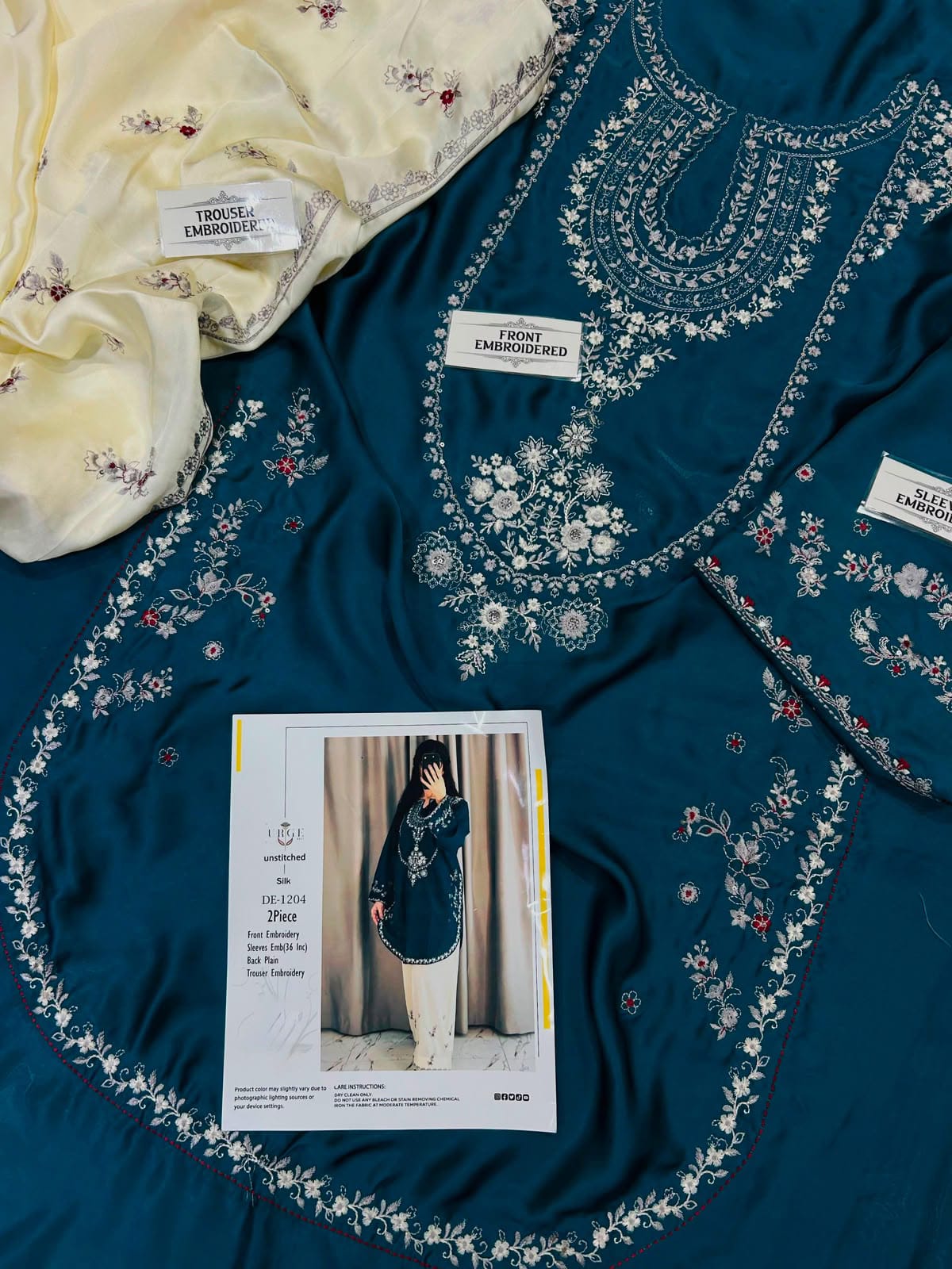 Sequin Embroidered Silk - 2-Piece Unstitched Suit; Teal and Ivory, actual fabric and design detail.