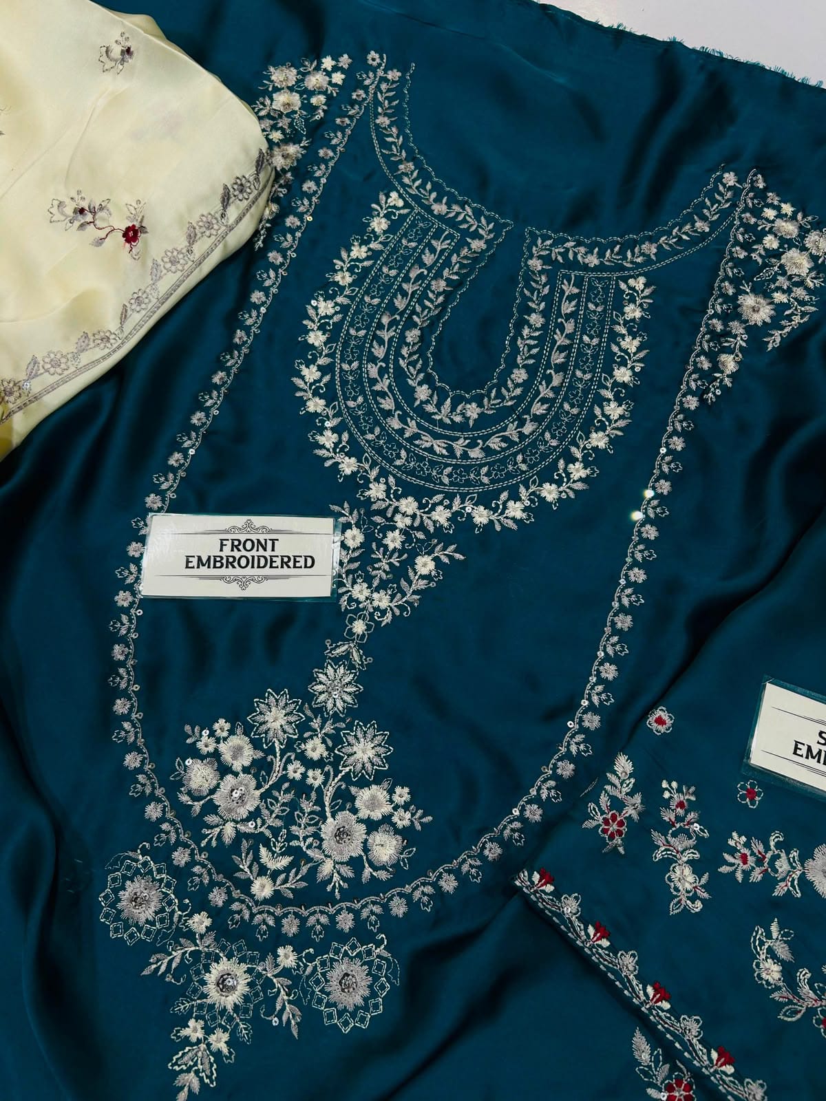 Sequin Embroidered Silk - 2-Piece Unstitched Suit; Teal and Ivory, actual fabric and design detail.