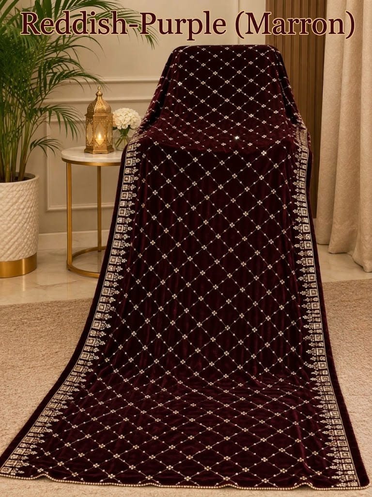Sequin Velvet Shawl - 2.5-Yard Ready-to-Wear; Diamond - Maroon, shawl design view.