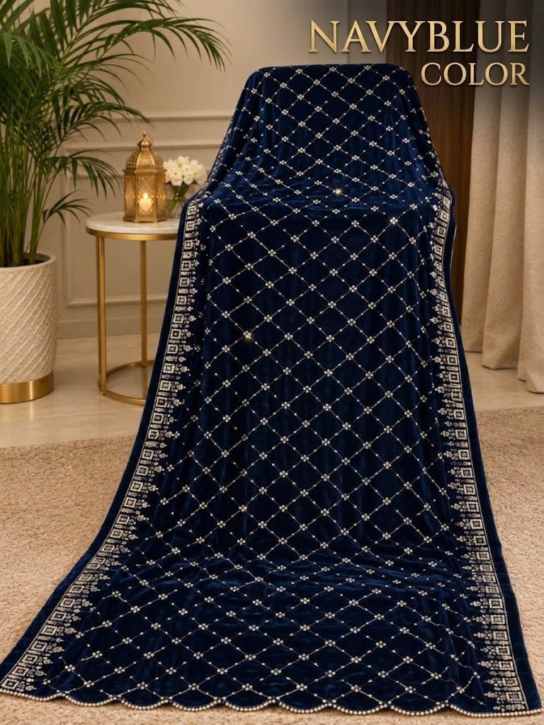 Sequin Velvet Shawl - 2.5-Yard Ready-to-Wear; Diamond - Navy, shawl design view.