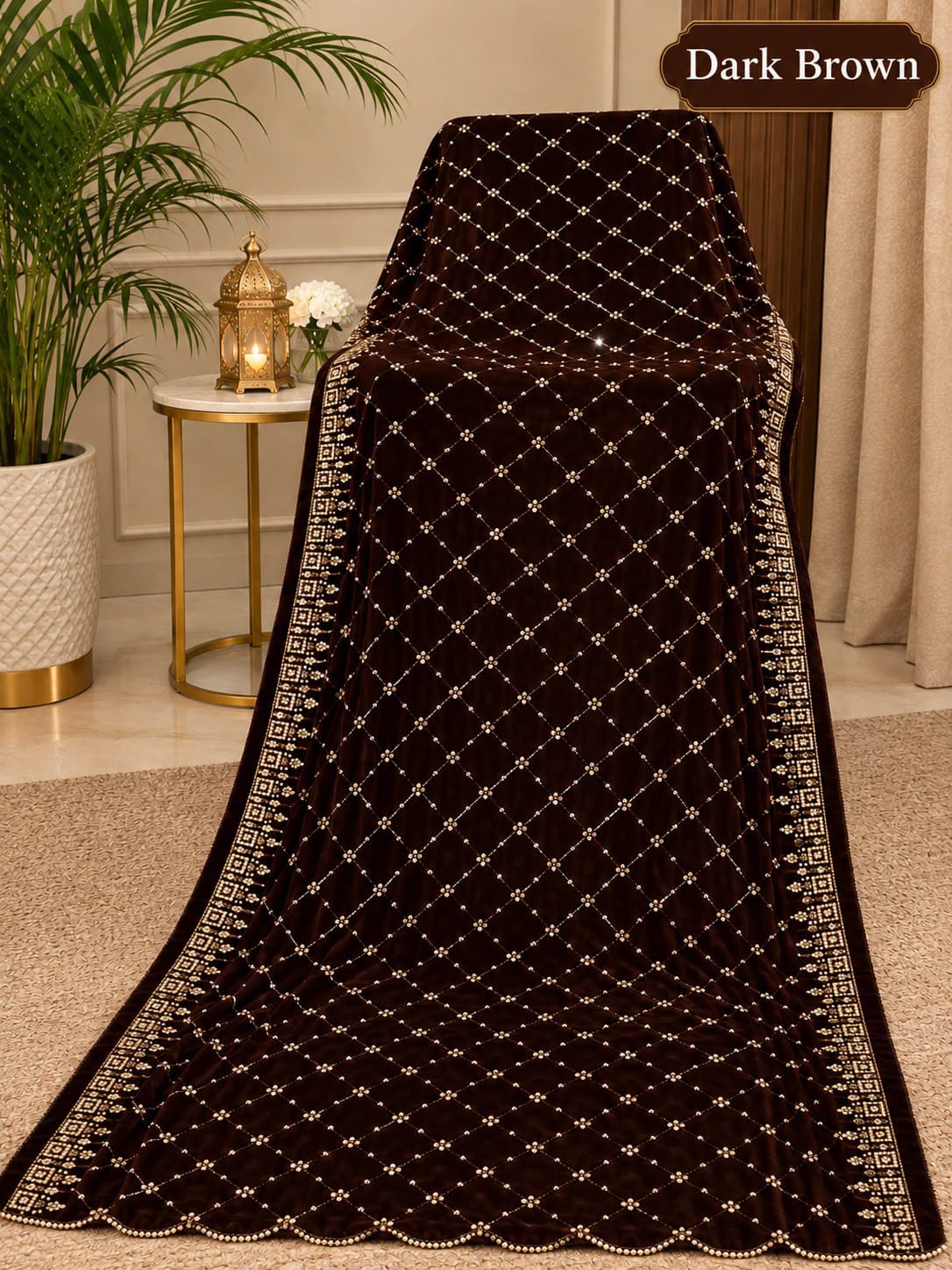Sequin Velvet Shawl - 2.5-Yard Ready-to-Wear; Diamond - Brown, shawl design view.