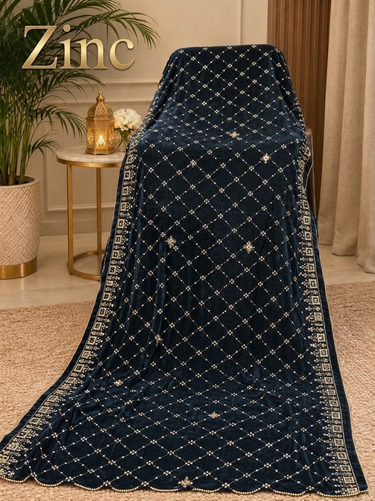 Sequin Velvet Shawl - 2.5-Yard Ready-to-Wear; Diamond - Teal, shawl design view.