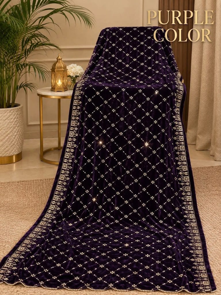 Sequin Velvet Shawl - 2.5-Yard Ready-to-Wear; Diamond - Purple, shawl design view.