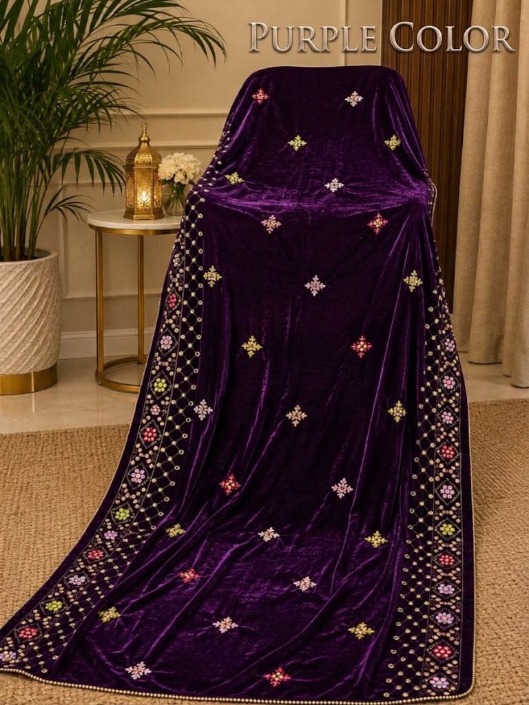 Sequin Velvet Shawl - 2.5-Yard Ready-to-Wear; Motif - Purple, shawl design view.