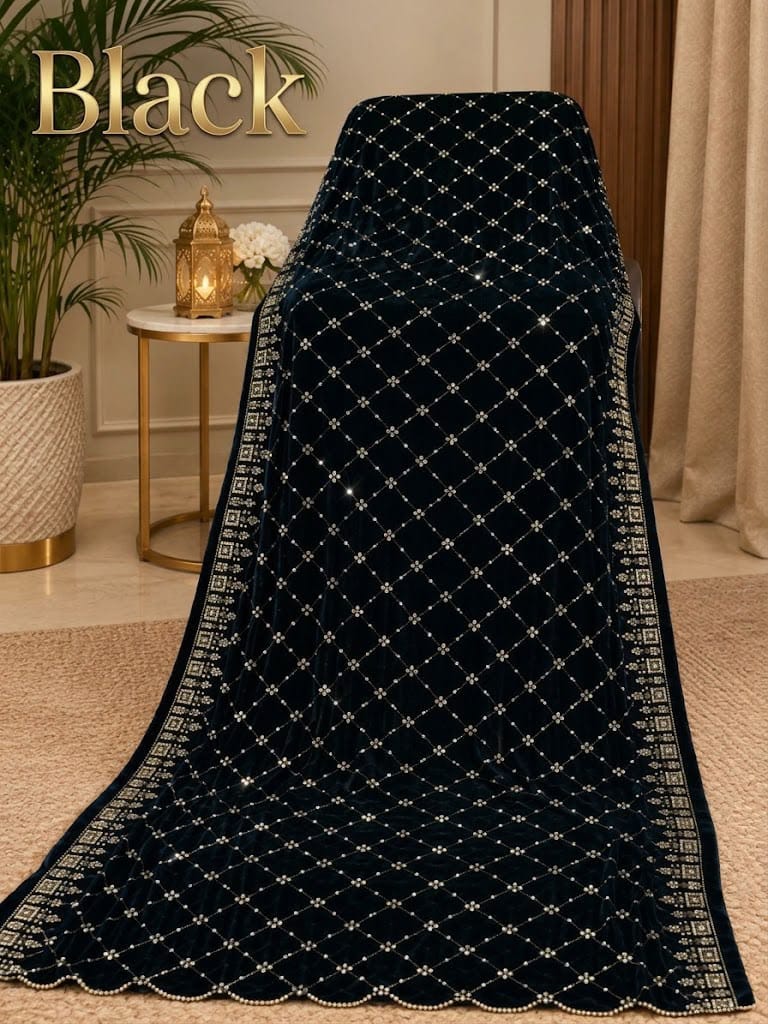 Sequin Velvet Shawl - 2.5-Yard Ready-to-Wear; Diamond - Black, shawl design view.