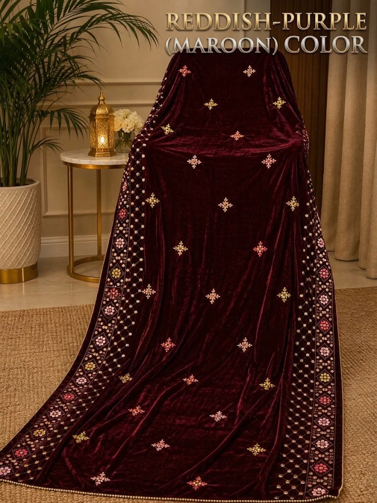 Sequin Velvet Shawl - 2.5-Yard Ready-to-Wear; Motif - Maroon, shawl design view.
