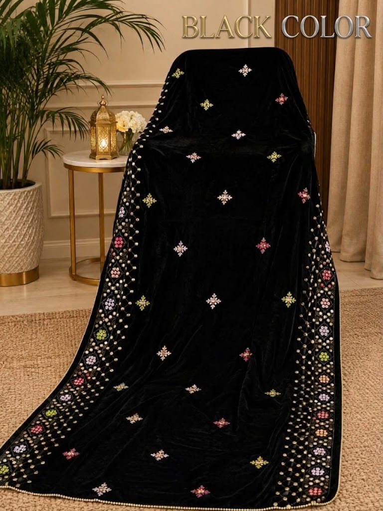 Sequin Velvet Shawl - 2.5-Yard Ready-to-Wear; Motif - Black, shawl design view.