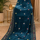 Sequin Velvet Shawl - 2.5-Yard Ready-to-Wear; Motif - Teal, shawl design view.