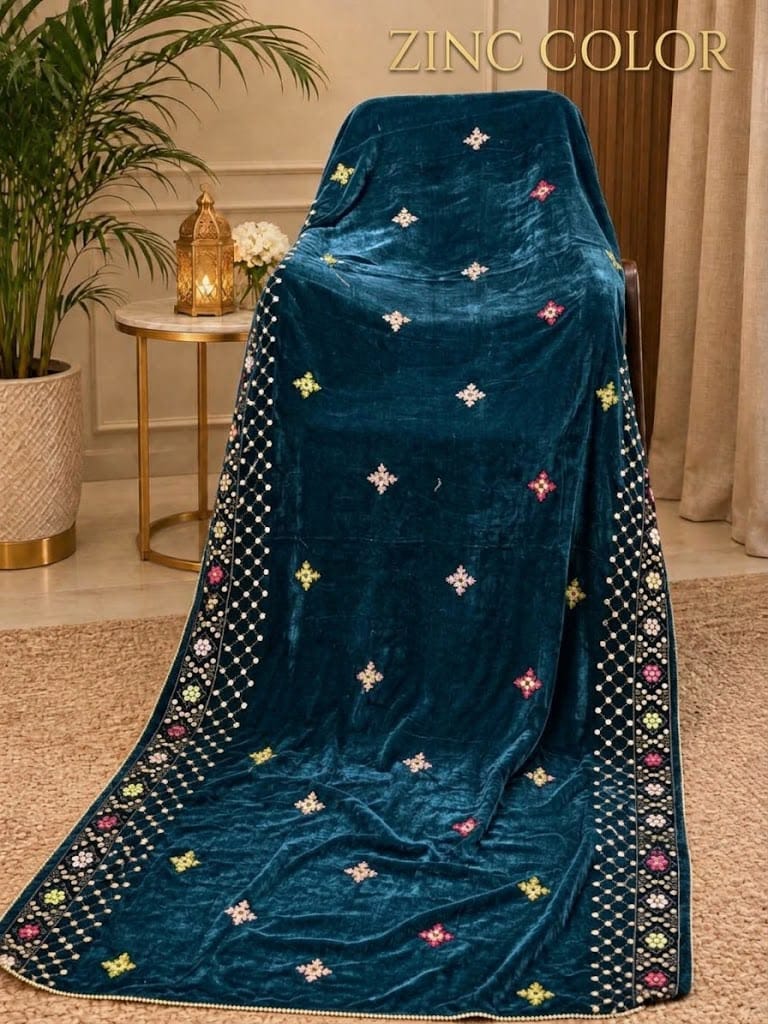 Sequin Velvet Shawl - 2.5-Yard Ready-to-Wear; Motif - Teal, shawl design view.