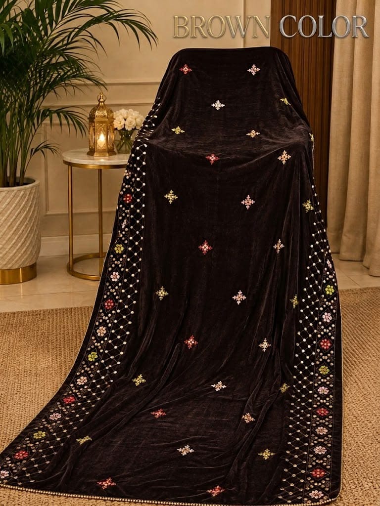 Sequin Velvet Shawl - 2.5-Yard Ready-to-Wear; Motif - Brown, shawl design view.