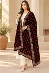 Maroon velvet shawl with diamond sequin lattice and gold border, draped on a model.