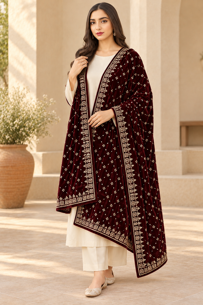 Maroon velvet shawl with diamond sequin lattice and gold border, draped on a model.