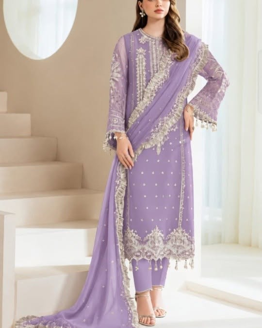 Lilac Alizeh chiffon suit: original front model photograph