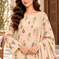 Aneela 8101 Ivory & Rose unstitched Dhanak suit: front detail model view showing the multicolour floral fabric and lace-edged wool shawl
