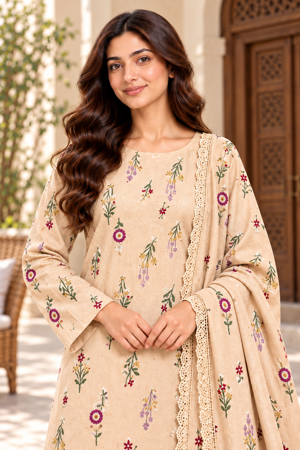 Aneela 8101 Ivory & Rose unstitched Dhanak suit: front detail model view showing the multicolour floral fabric and lace-edged wool shawl