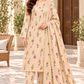 Aneela 8101 Ivory & Rose unstitched Dhanak suit: shallow front three-quarter model view showing the multicolour floral fabric and lace-edged wool shawl