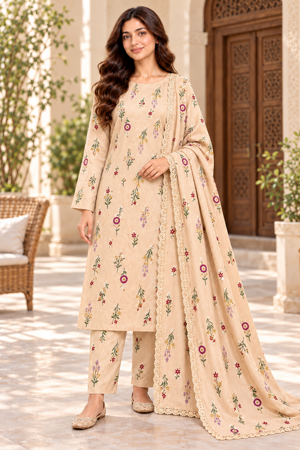 Aneela 8101 Ivory & Rose unstitched Dhanak suit: shallow front three-quarter model view showing the multicolour floral fabric and lace-edged wool shawl