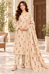 Ivory and rose Aneela 8101 Dhanak suit — front model view with floral embroidery and lace-finished shawl